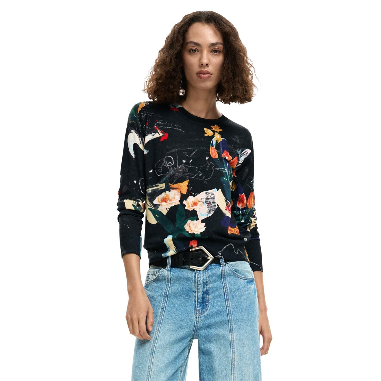 2453555 Desigual Maglia Donna Nera Stampa Viscosa Lino