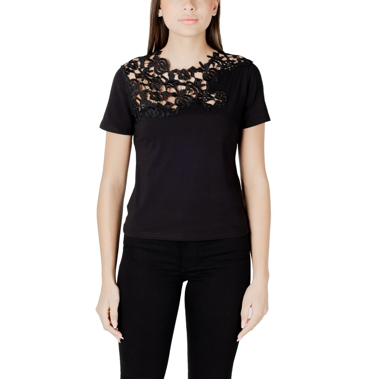 2418614 Morgan De Toi T-Shirt Nera Bottone Scollo Tondo Donna