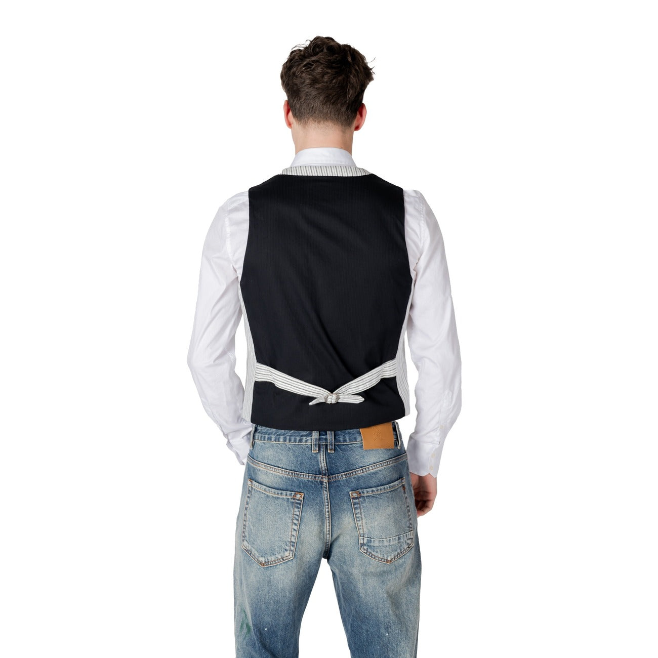 2414198 Gianni Lupo Gilet Nero Gessato Lino Smanicato Uomo