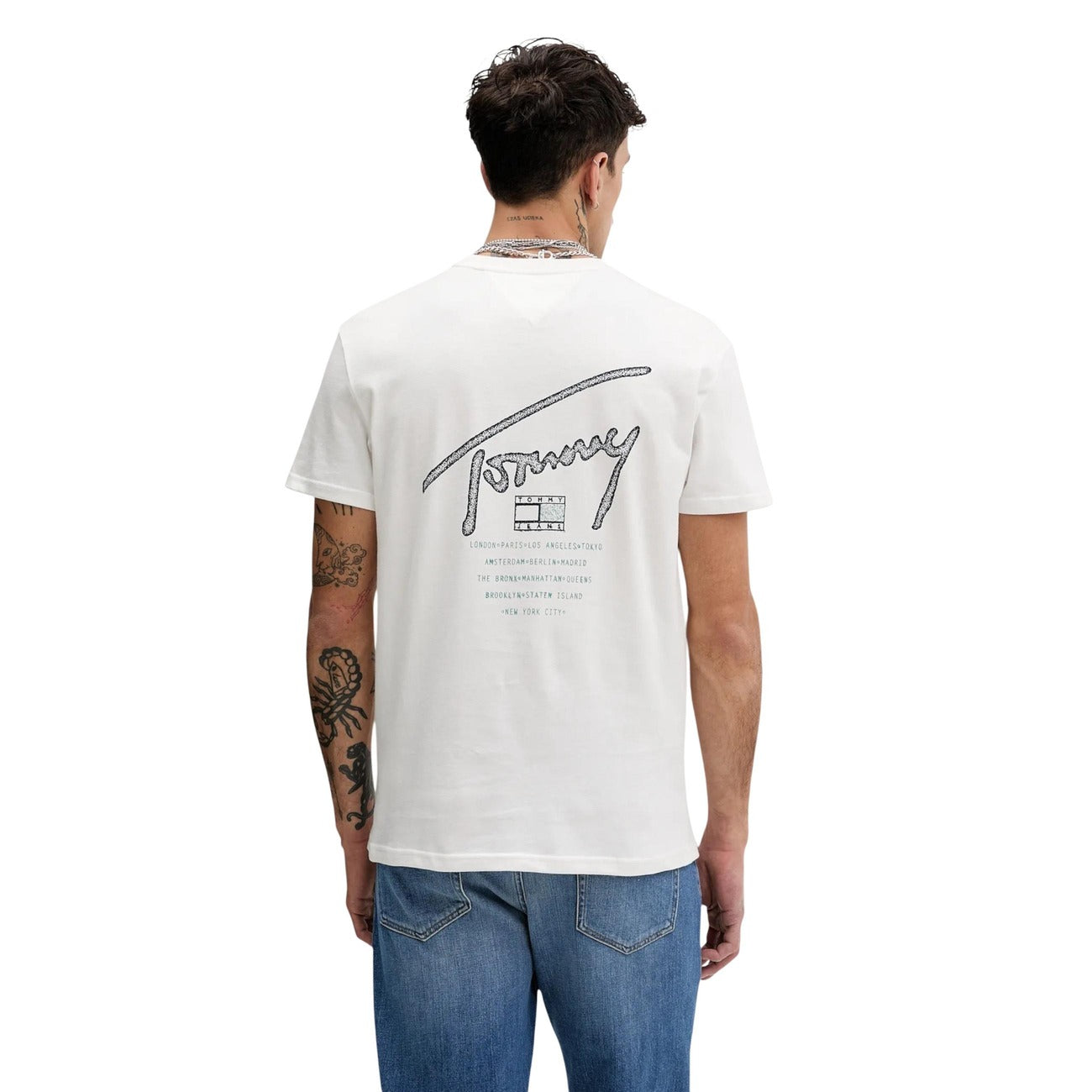 2447169 Tommy Hilfiger Jeans T-shirt Bianca Stampa Cotone Organico Uomo