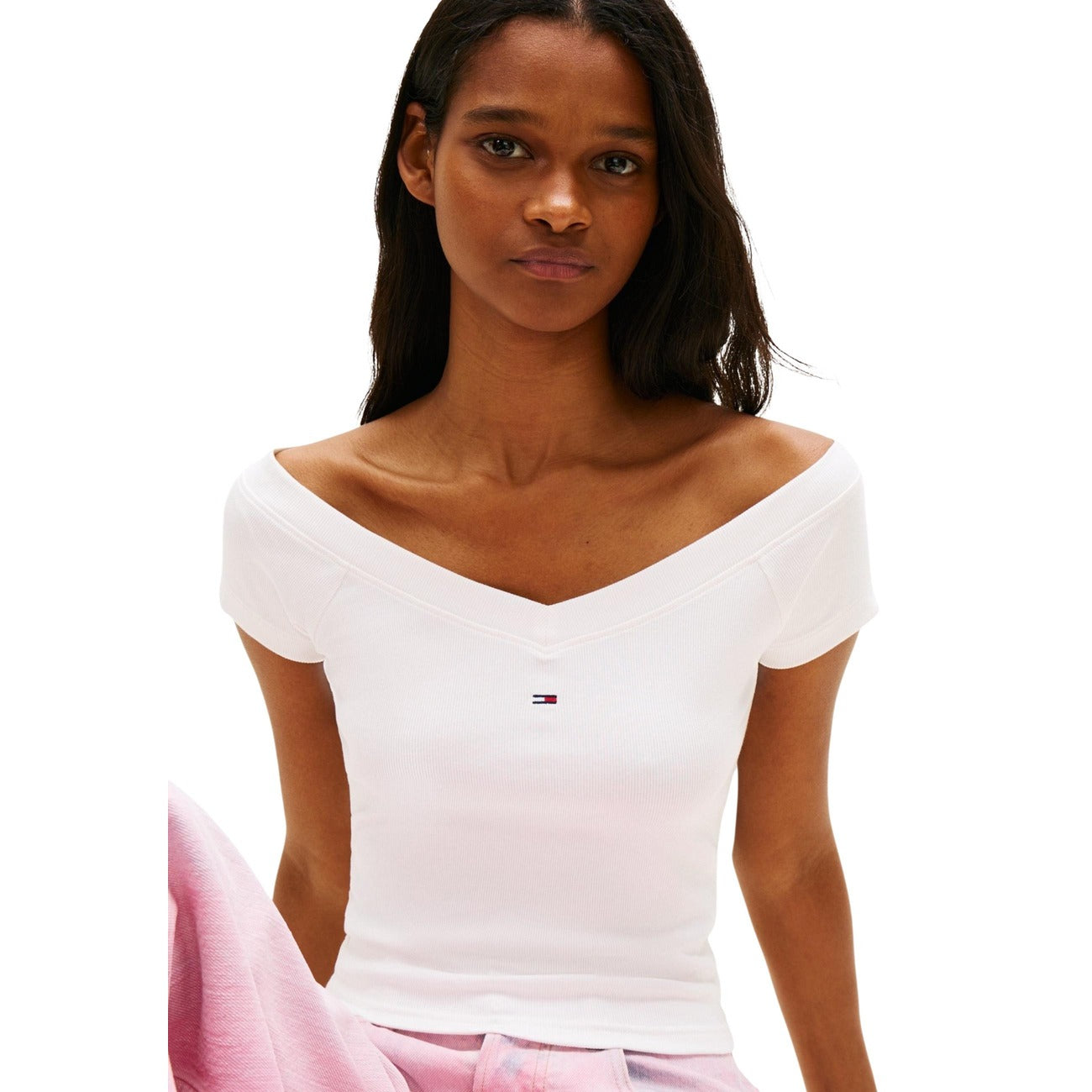 2457569 Tommy Hilfiger Jeans Top Beige Cotone Organico Scollo Barca Donna