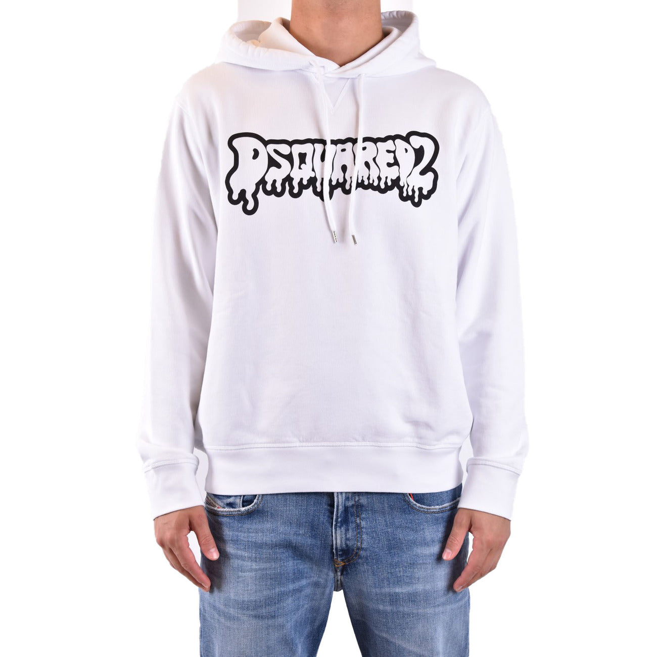 2430426 Dsquared2 Felpa Bianca Stampa Cappuccio Uomo