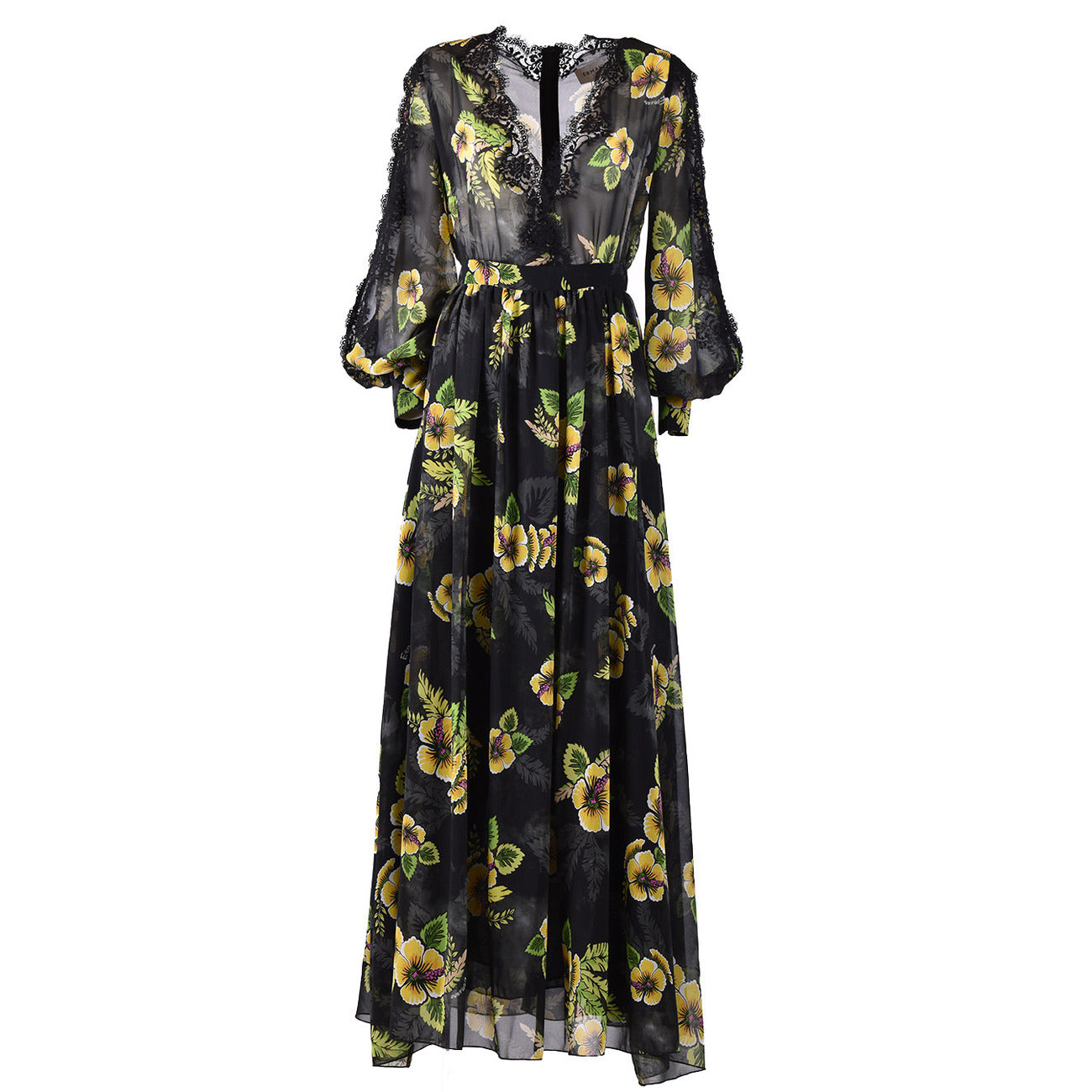 2438485 Ermanno Scervino Abito Nero Floreale Maniche Lunghe Donna