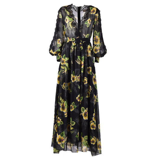 2438485 Ermanno Scervino Abito Nero Floreale Maniche Lunghe Donna
