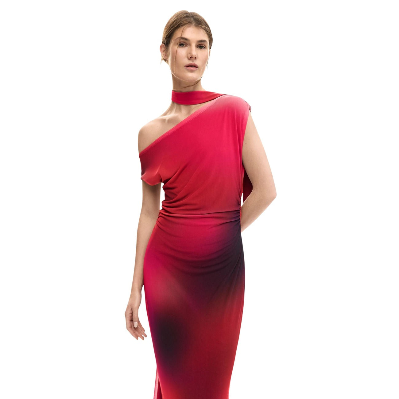 2453694 Desigual Abito Lungo Fuxia Scollo Barca Smanicato Donna