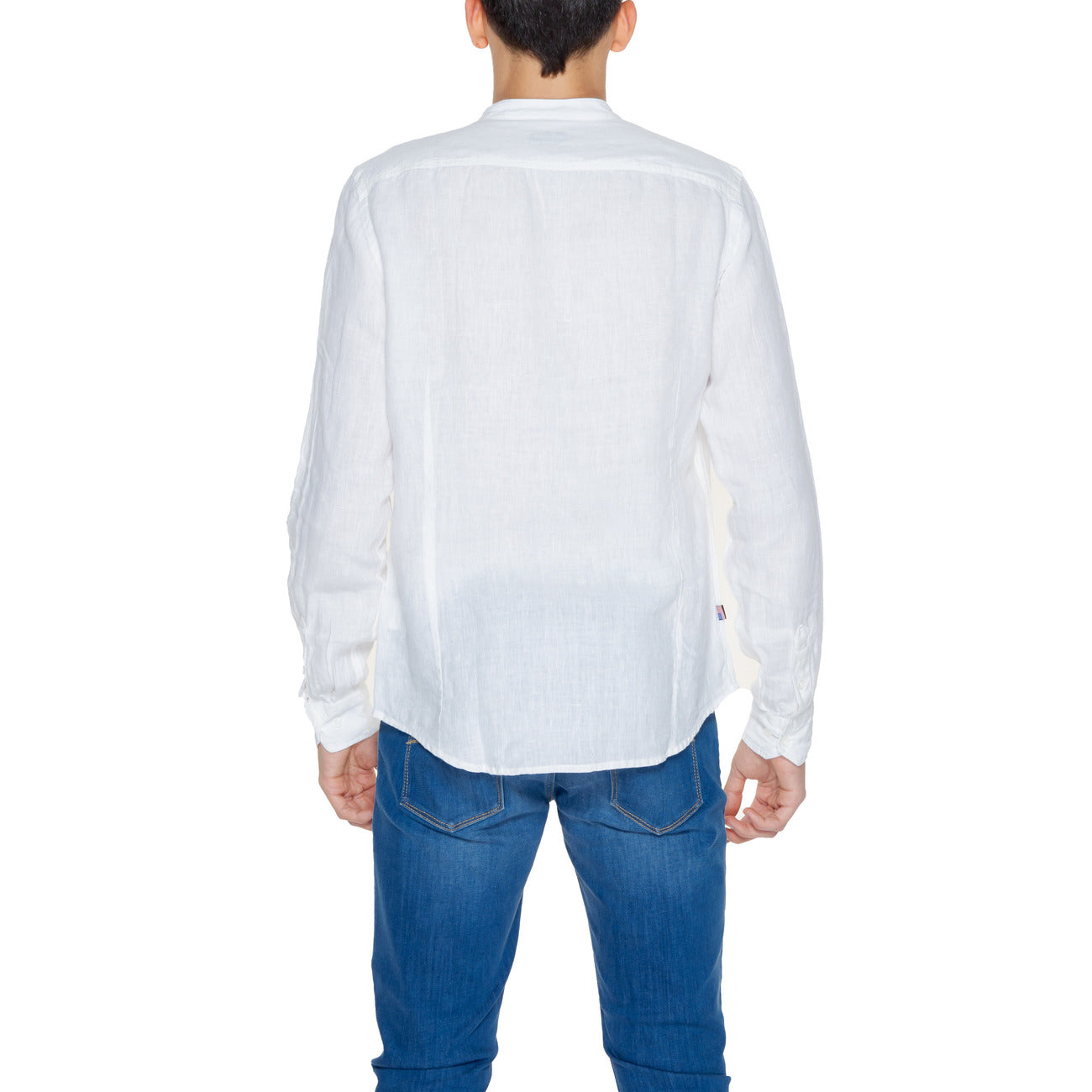 2250732 Blauer Camicia Bianca Lino Colletto Coreano Uomo