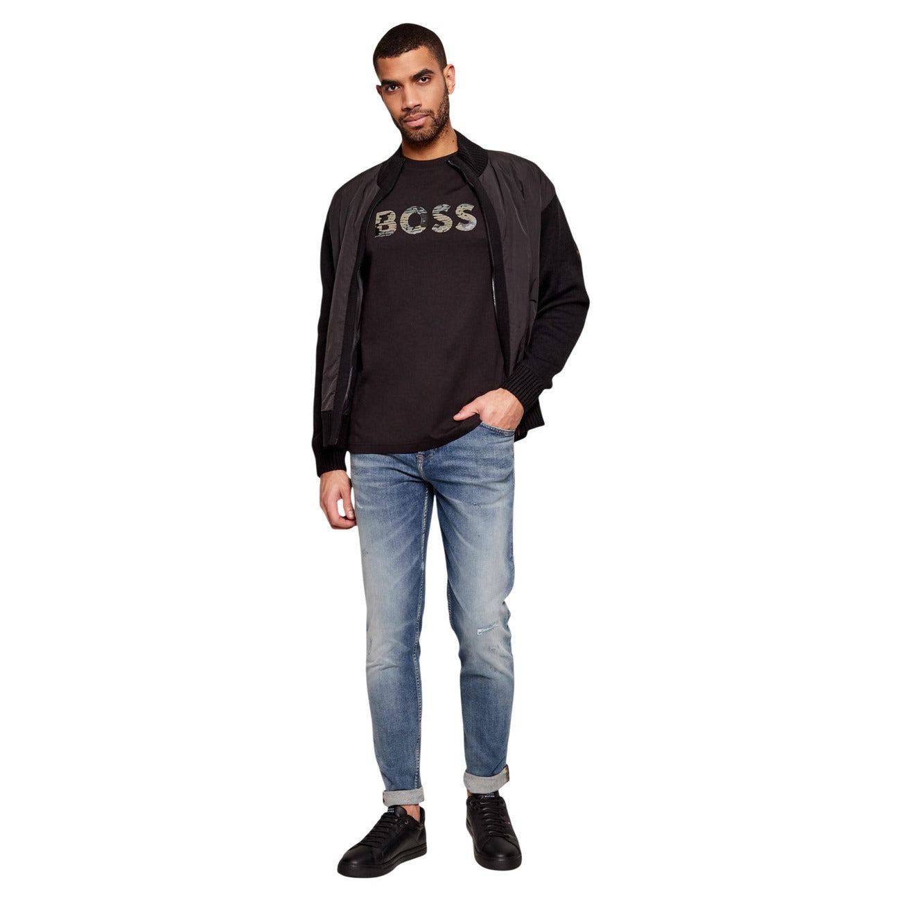 2449815 Boss T-Shirt Nera Stampa 100% Cotone Uomo