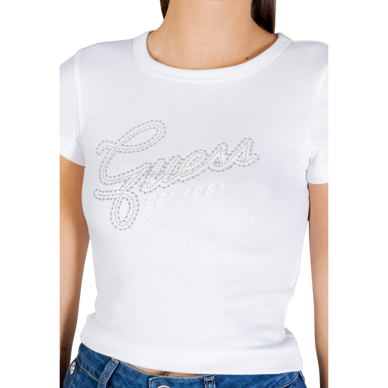2448726 Guess T-Shirt Bianca Stampa Strass Donna