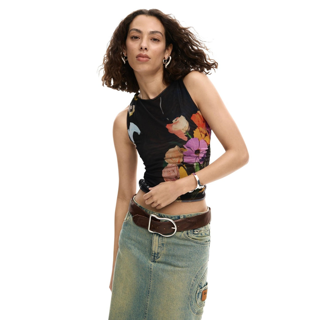 2453075 Desigual Top Donna Nero Floreale Smanicato
