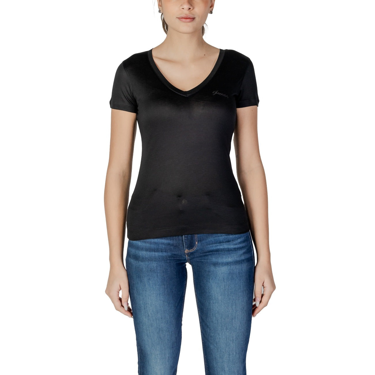 482845 Guess T-Shirt Nera Scollo V Donna