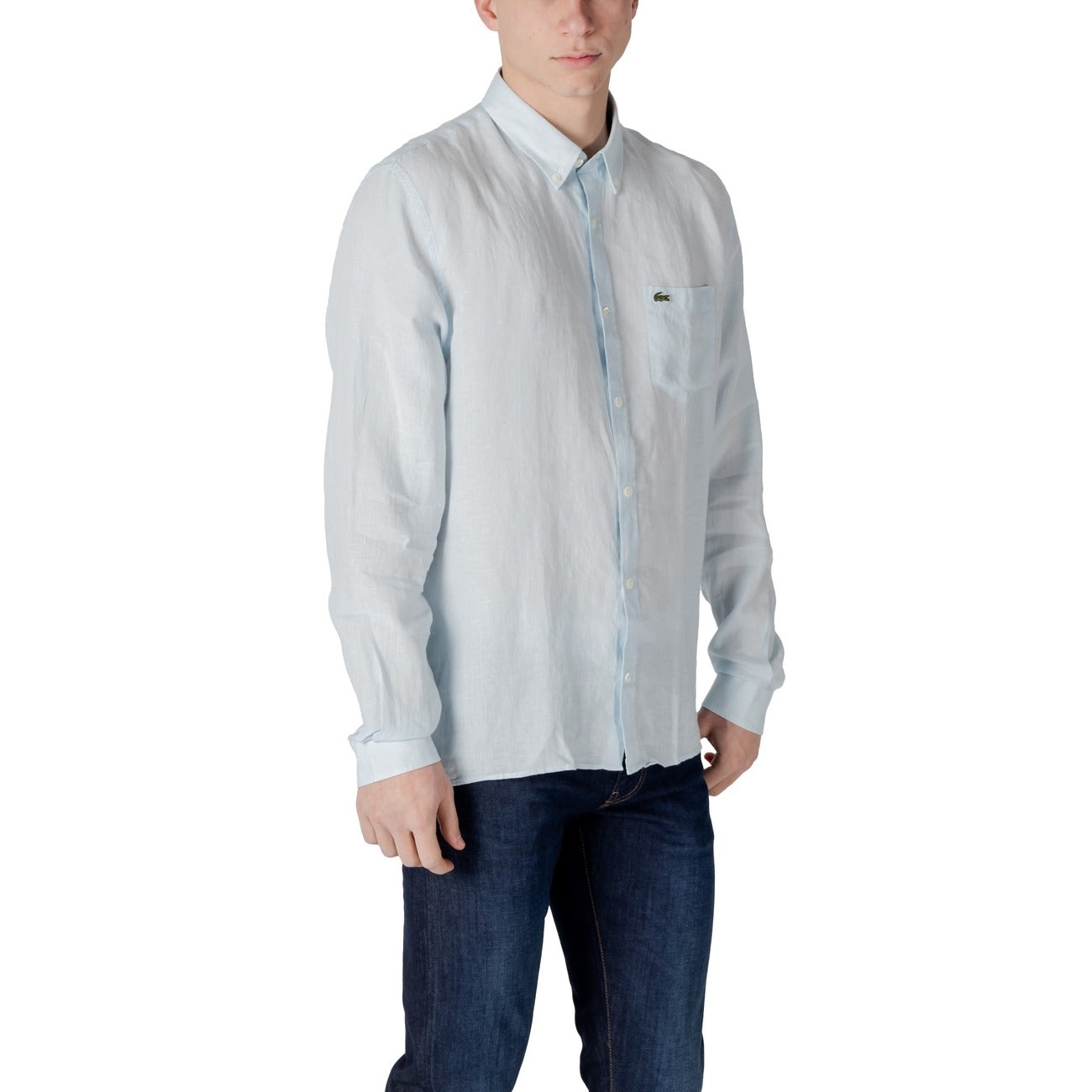 2413007 Lacoste Camicia Azzurra Lino Uomo