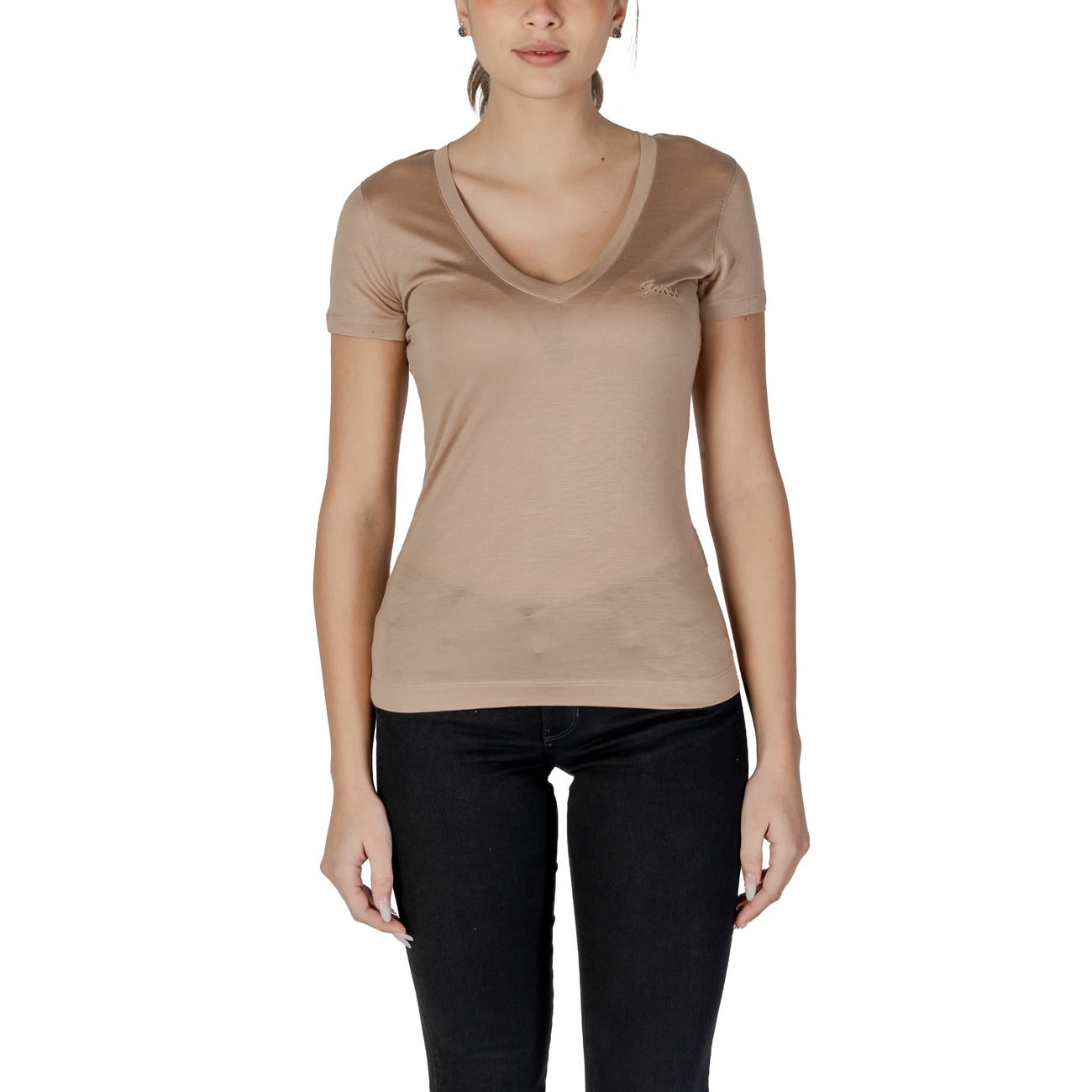 482846 Guess T-Shirt Beige Scollo V Donna