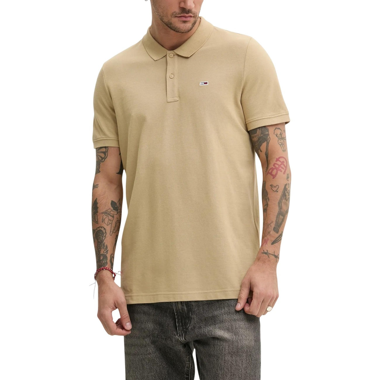 2447155 Tommy Hilfiger Jeans T-shirt Beige Bottoni Colletto Uomo