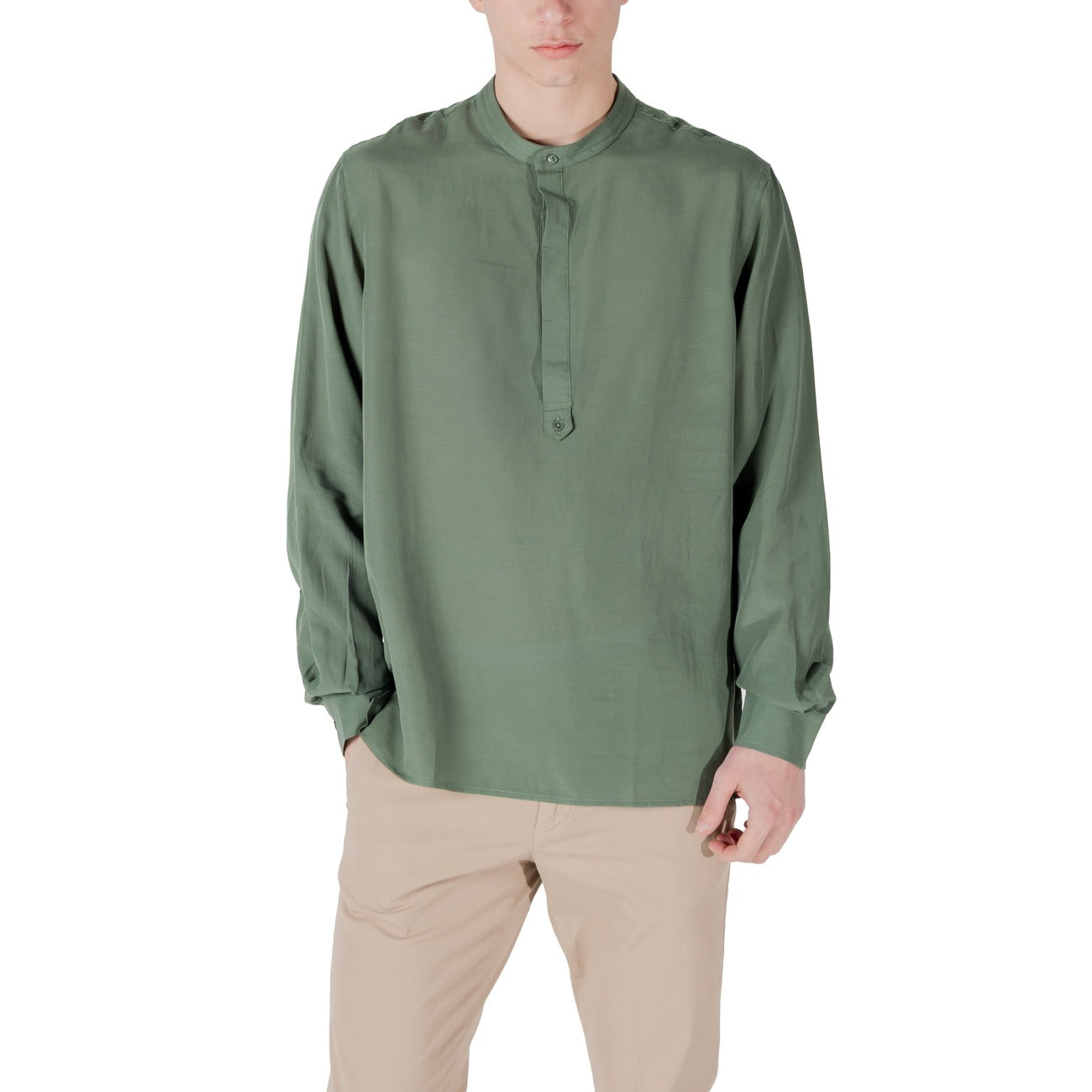 2417423 Antony Morato Camicia Verde Lyocell Lino Colletto Coreana Uomo