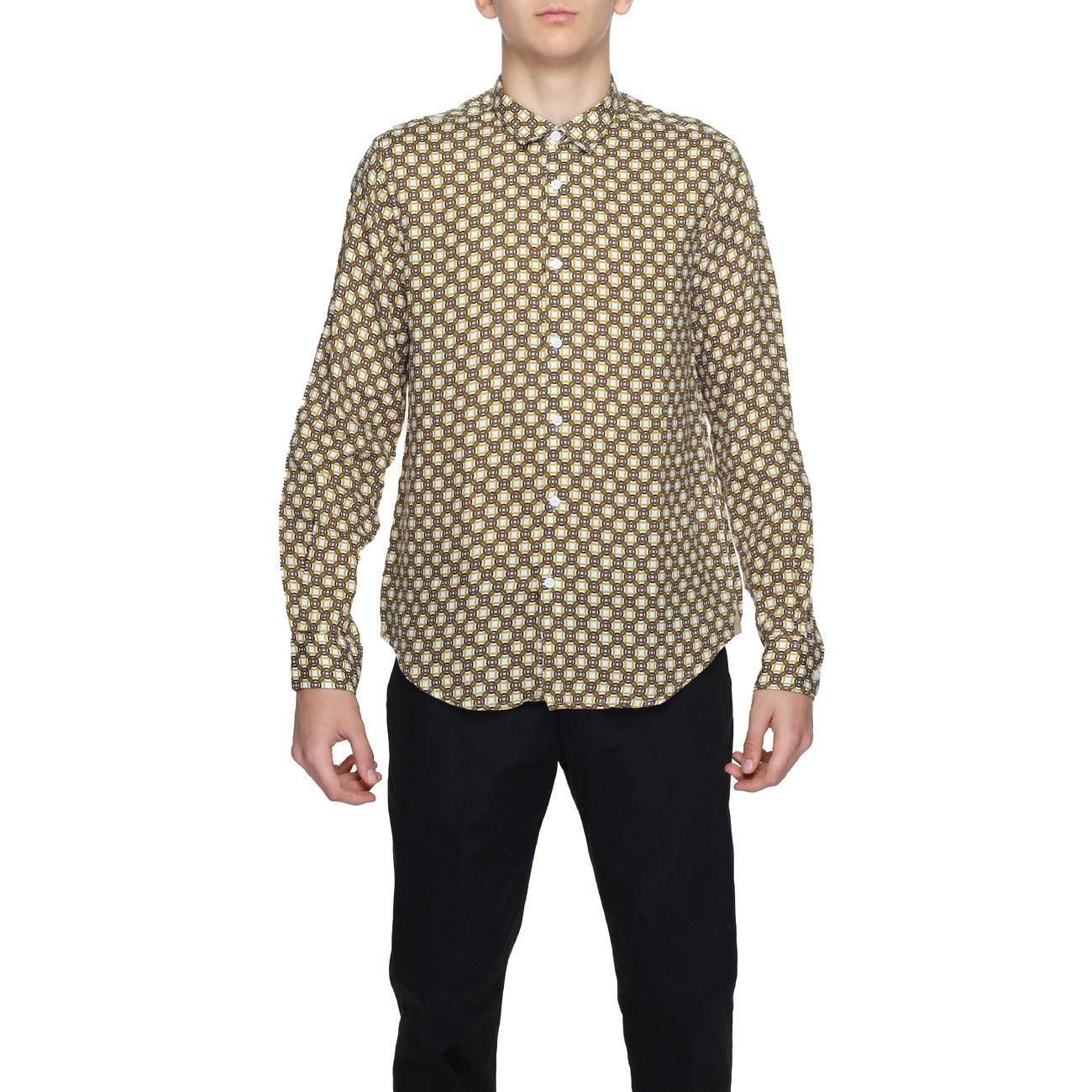2220354 Gianni Lupo Camicia Beige Lino Geometrica Maniche Lunghe Uomo