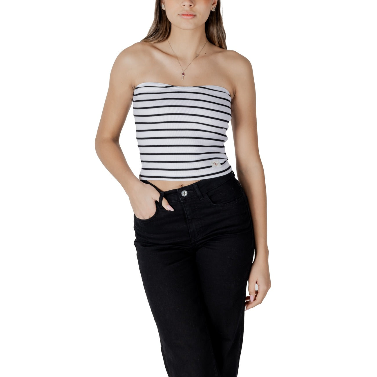 2410861 Calvin Klein Jeans Top Bianco Righe Smanicato Donna