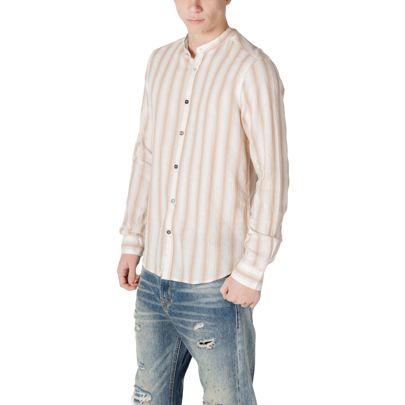 2413216 Gianni Lupo Camicia Beige Righe Uomo