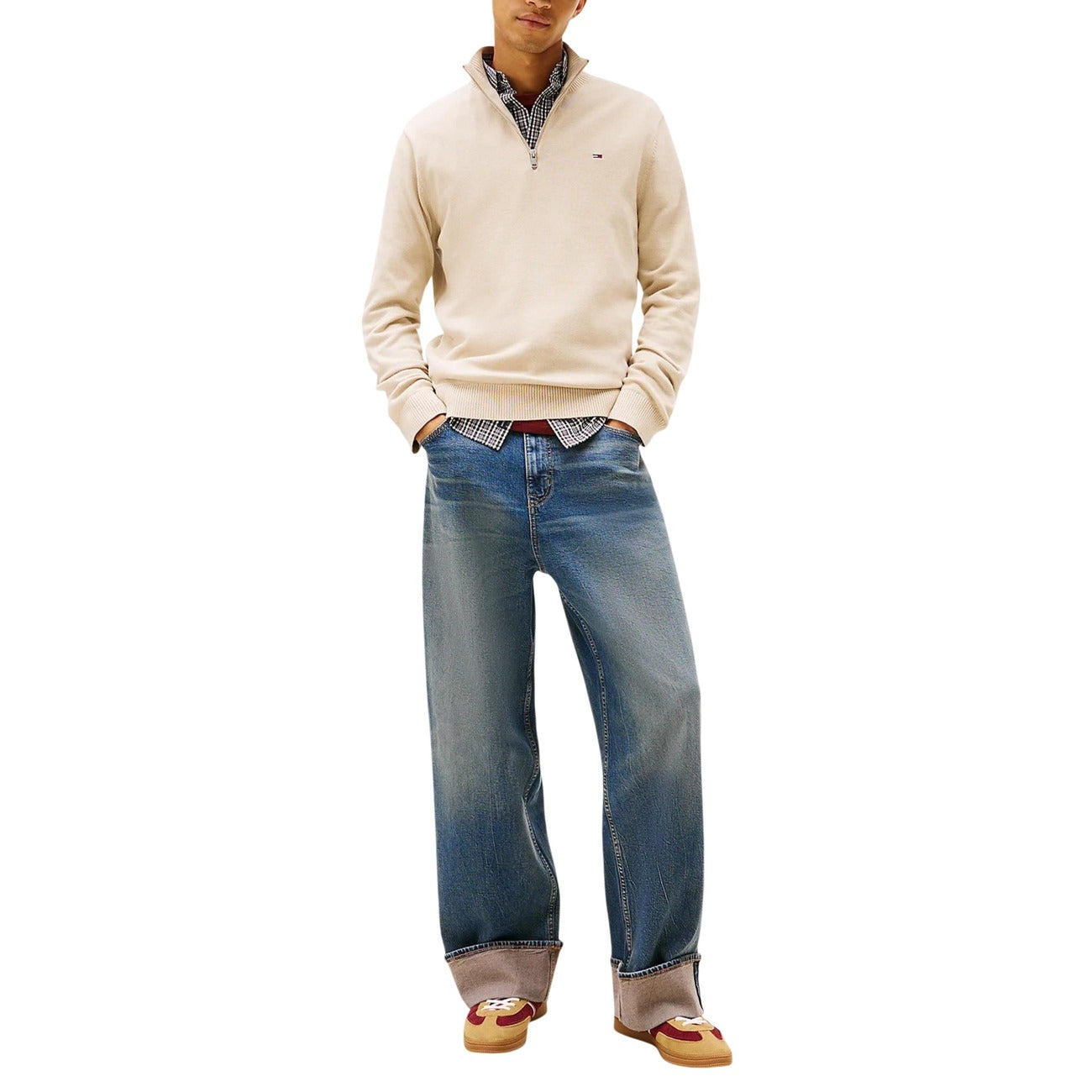 2451776 Tommy Hilfiger Jeans Felpa Beige Zip Collo Alto Uomo