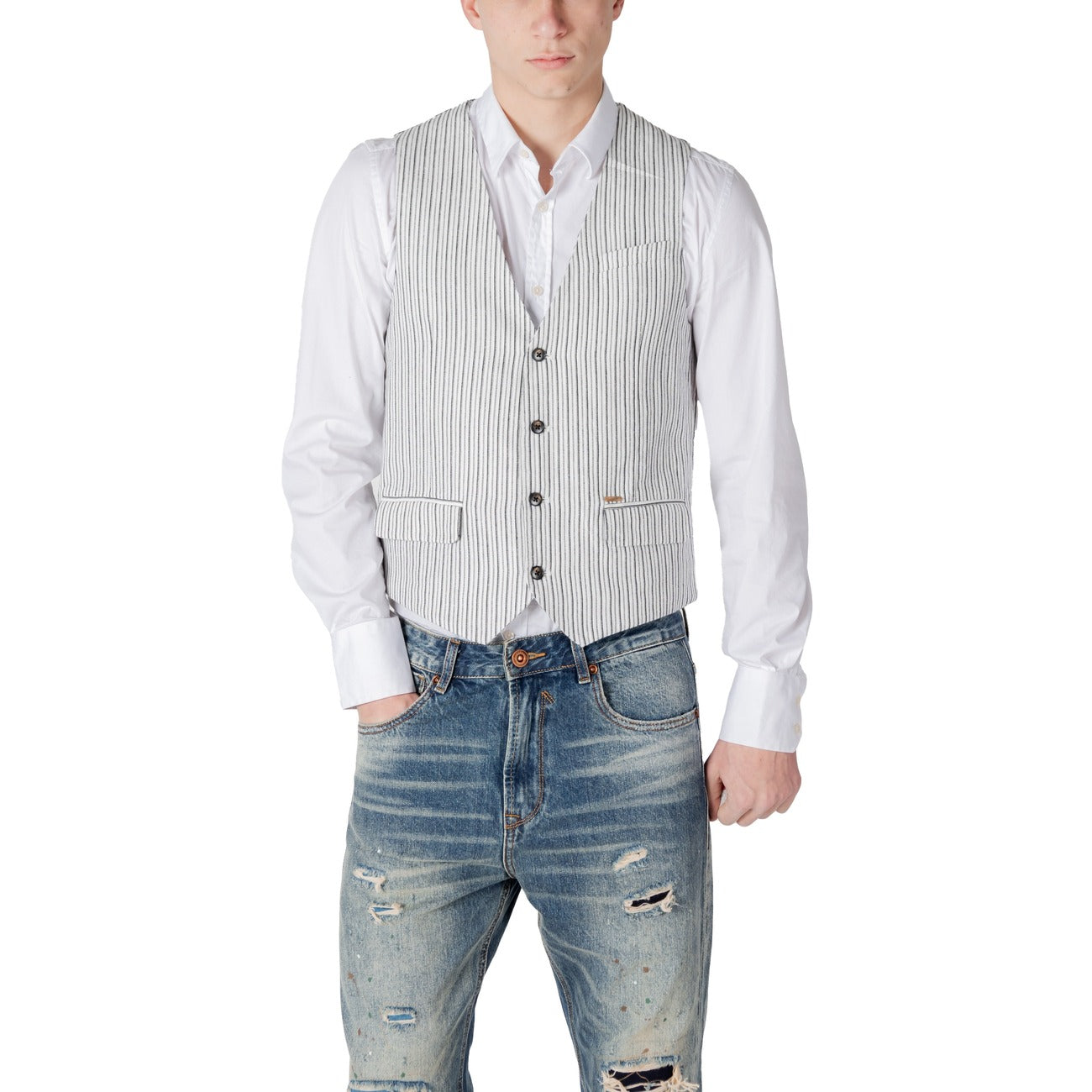 2414198 Gianni Lupo Gilet Nero Gessato Lino Smanicato Uomo