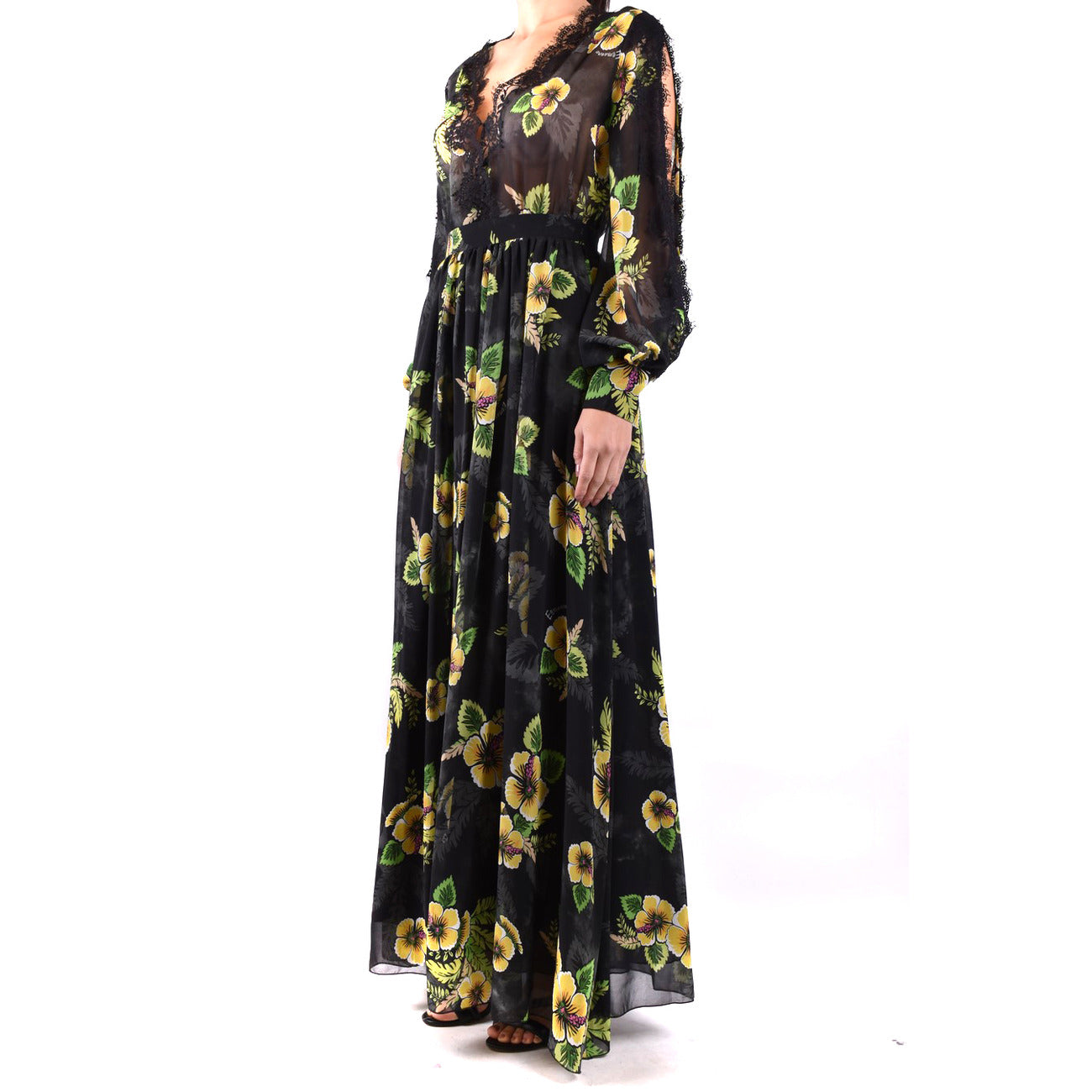 2438485 Ermanno Scervino Abito Nero Floreale Maniche Lunghe Donna