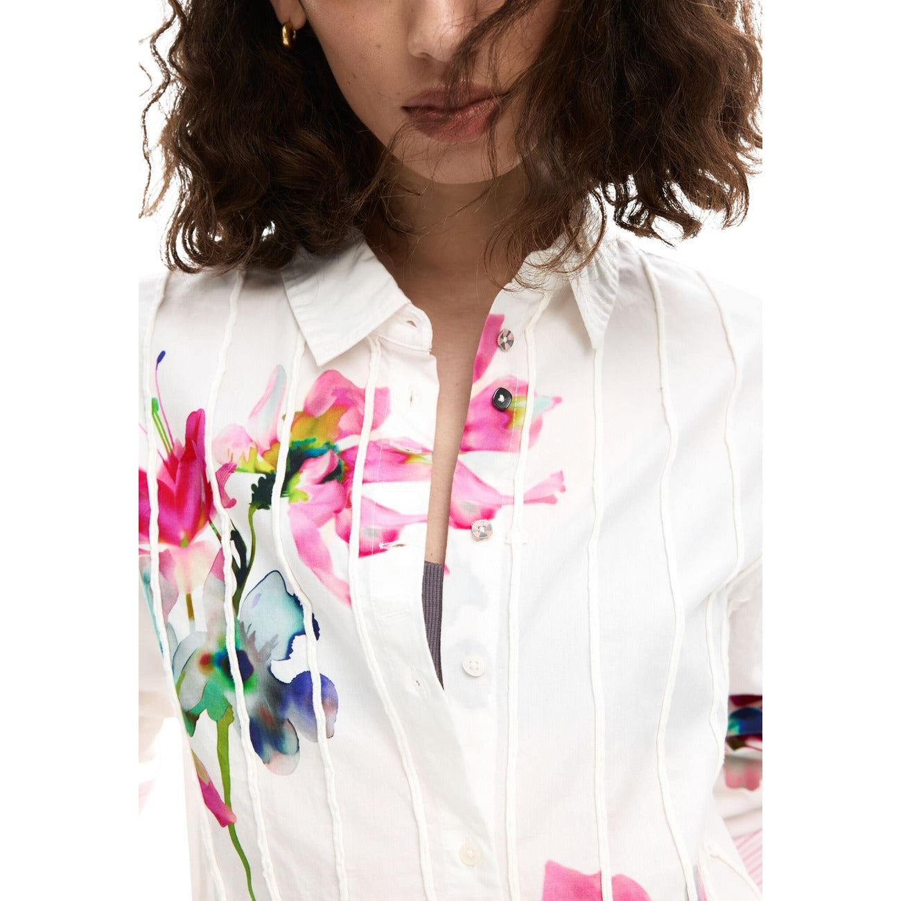 2452922 Desigual Camicia Bianca Floreale Cotone Donna