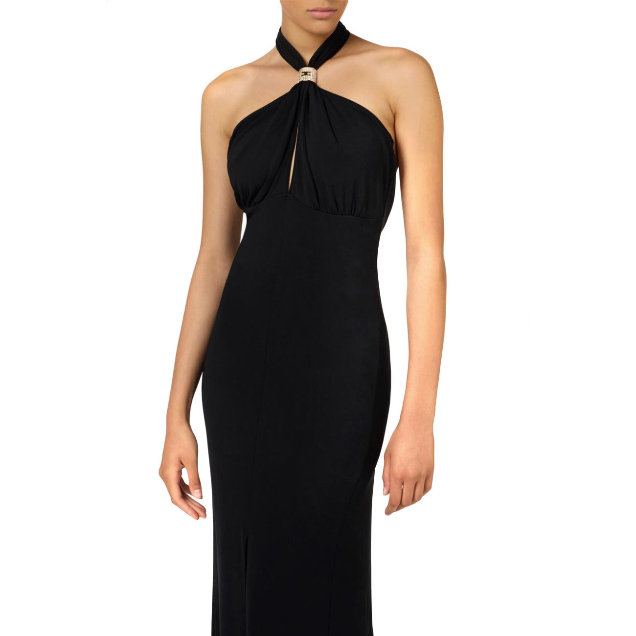 2426892 Elisabetta Franchi Abito Nero Lungo Donna Scollo Alto Zip
