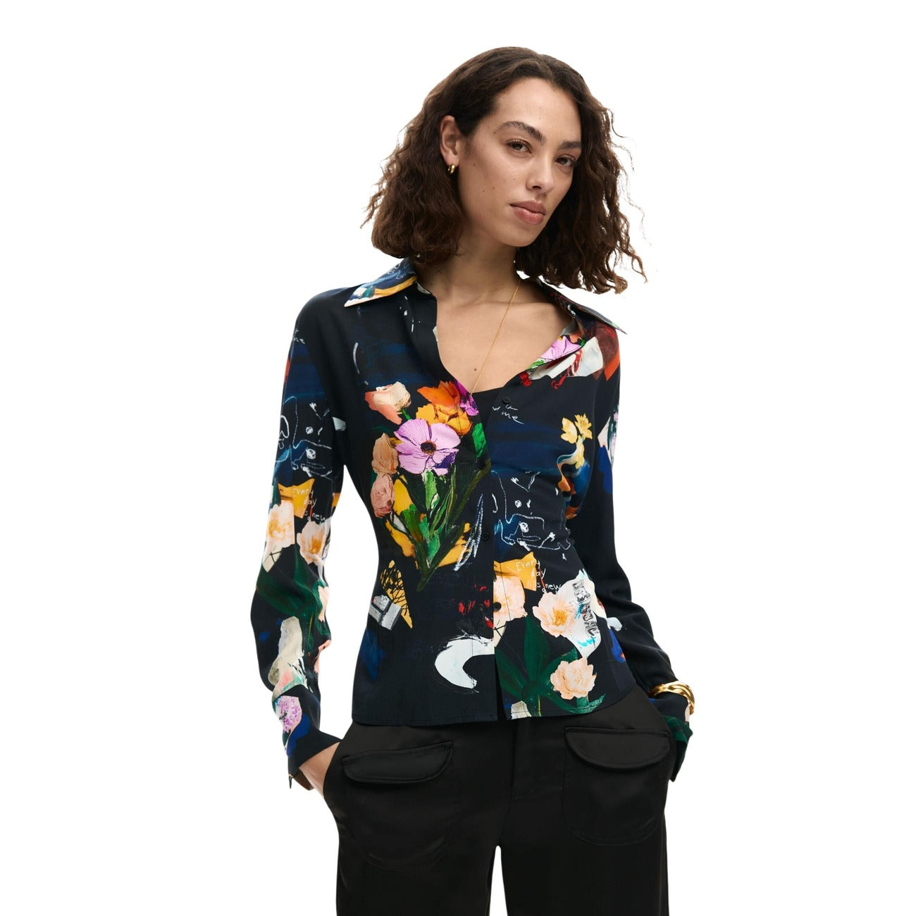 2453191 Desigual Camicia Donna Nera Floreale Viscosa