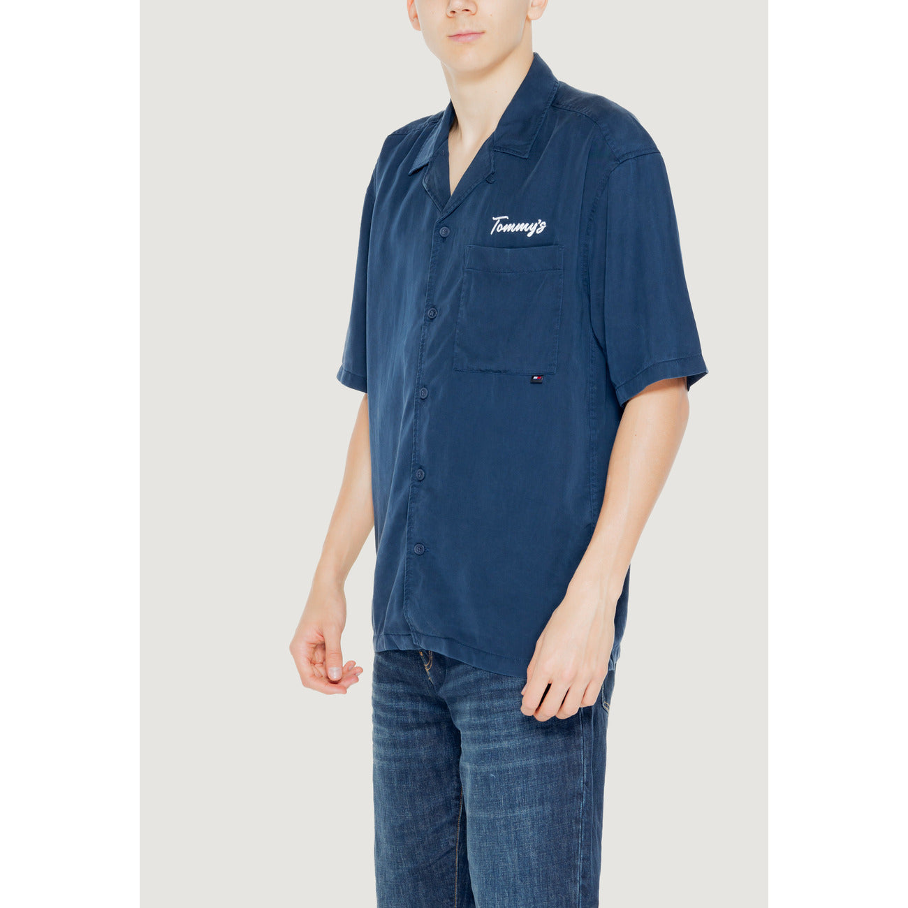 2249552 Tommy Hilfiger Jeans Camicia Blu Lyocell Stampa Maniche Corte Uomo