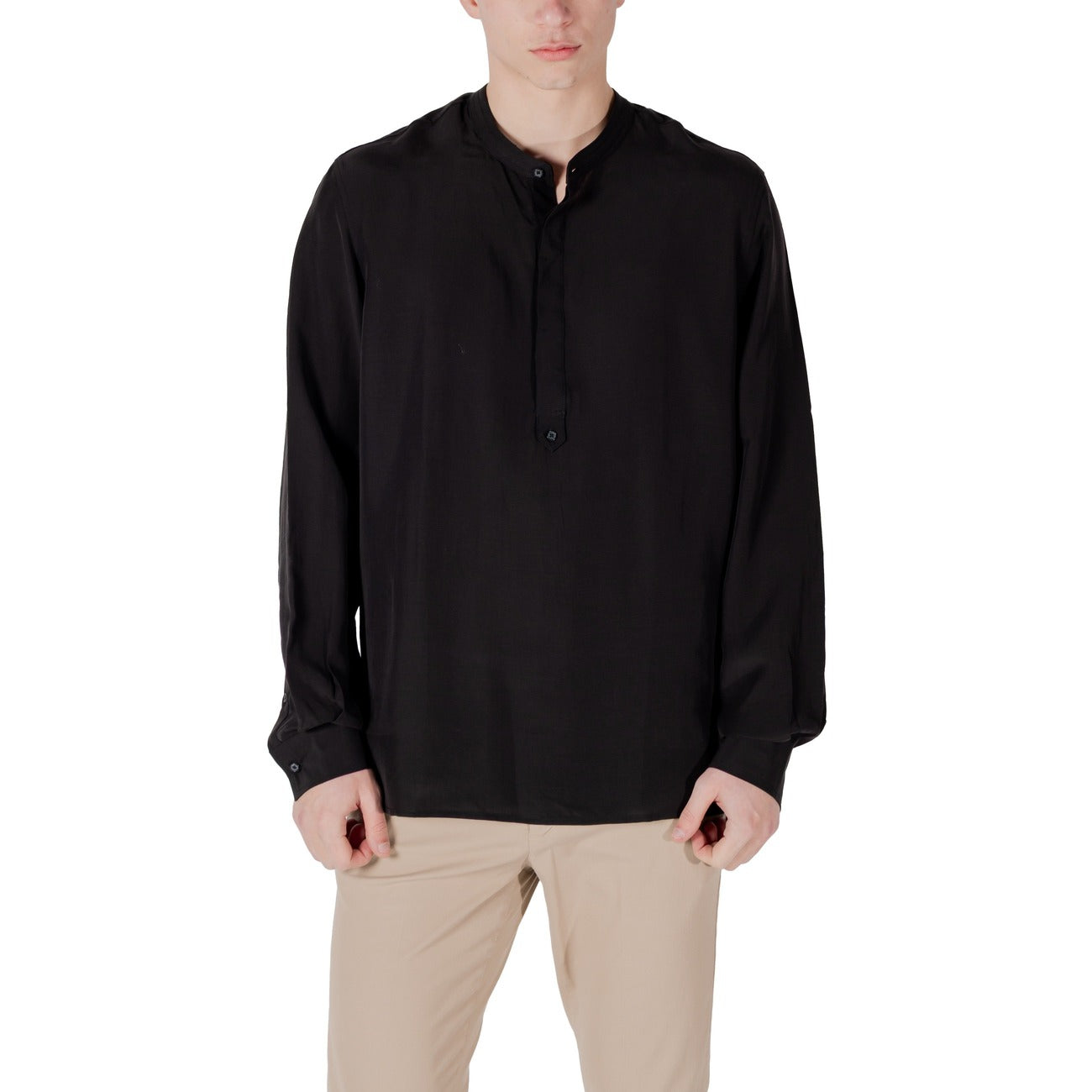 2420142 Antony Morato Camicia Nera Lyocell Lino Colletto Coreana Uomo