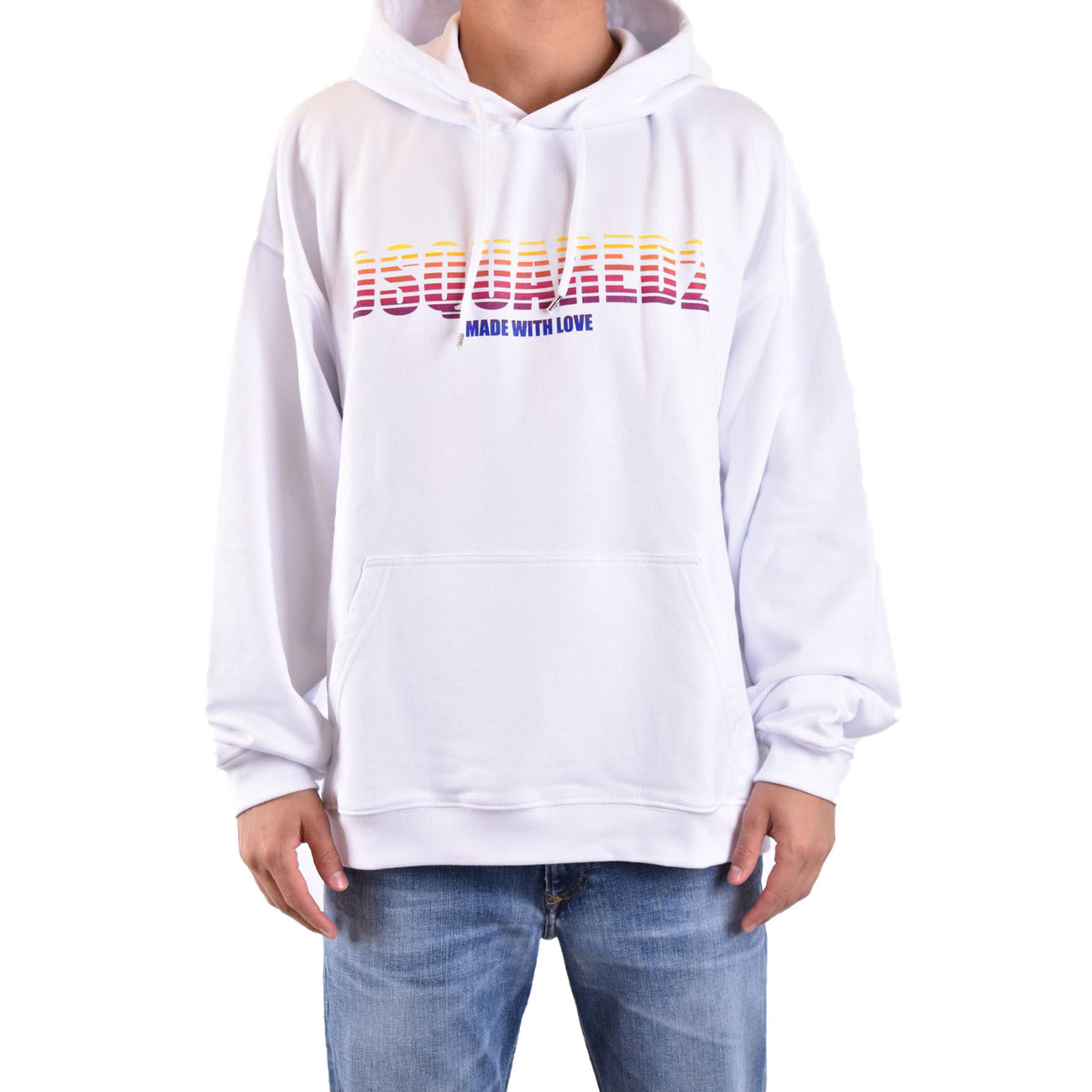 2424458 Dsquared2 Felpa Bianca Stampa Cappuccio Uomo