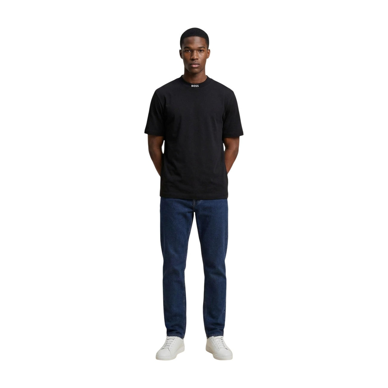 2459335 Boss T-Shirt Nera Cotone Elastan Scollo Tondo Uomo