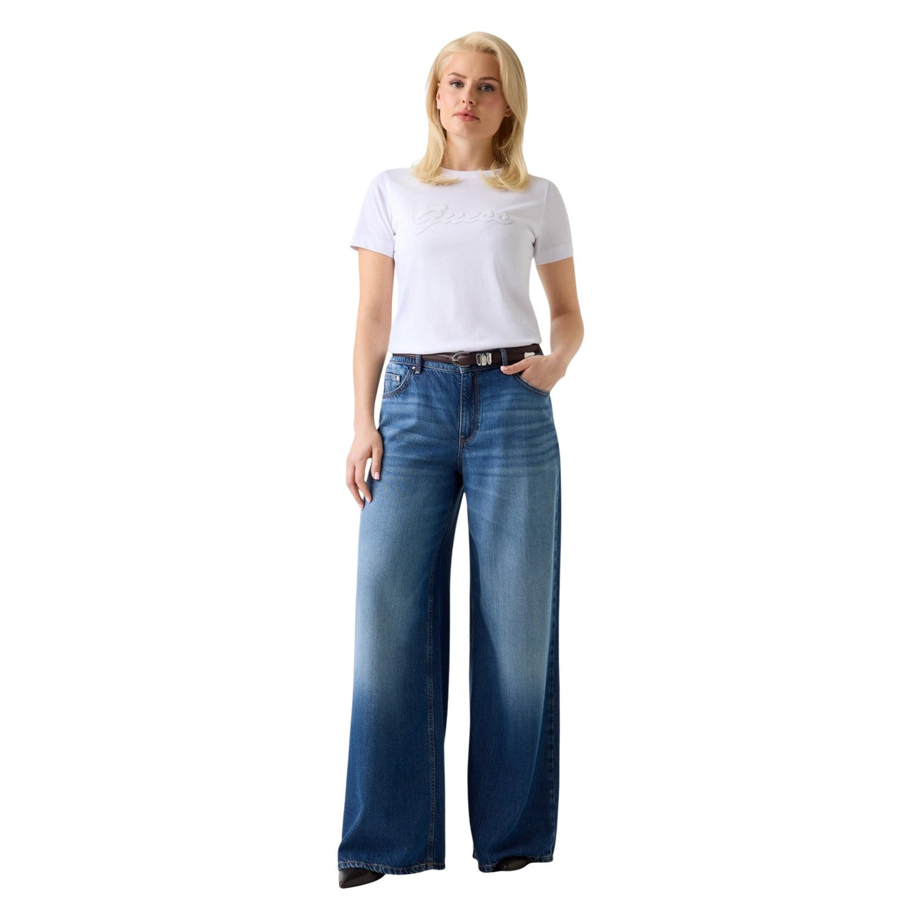 2454366 Guess T-Shirt Donna Bianca Stampa Cotone