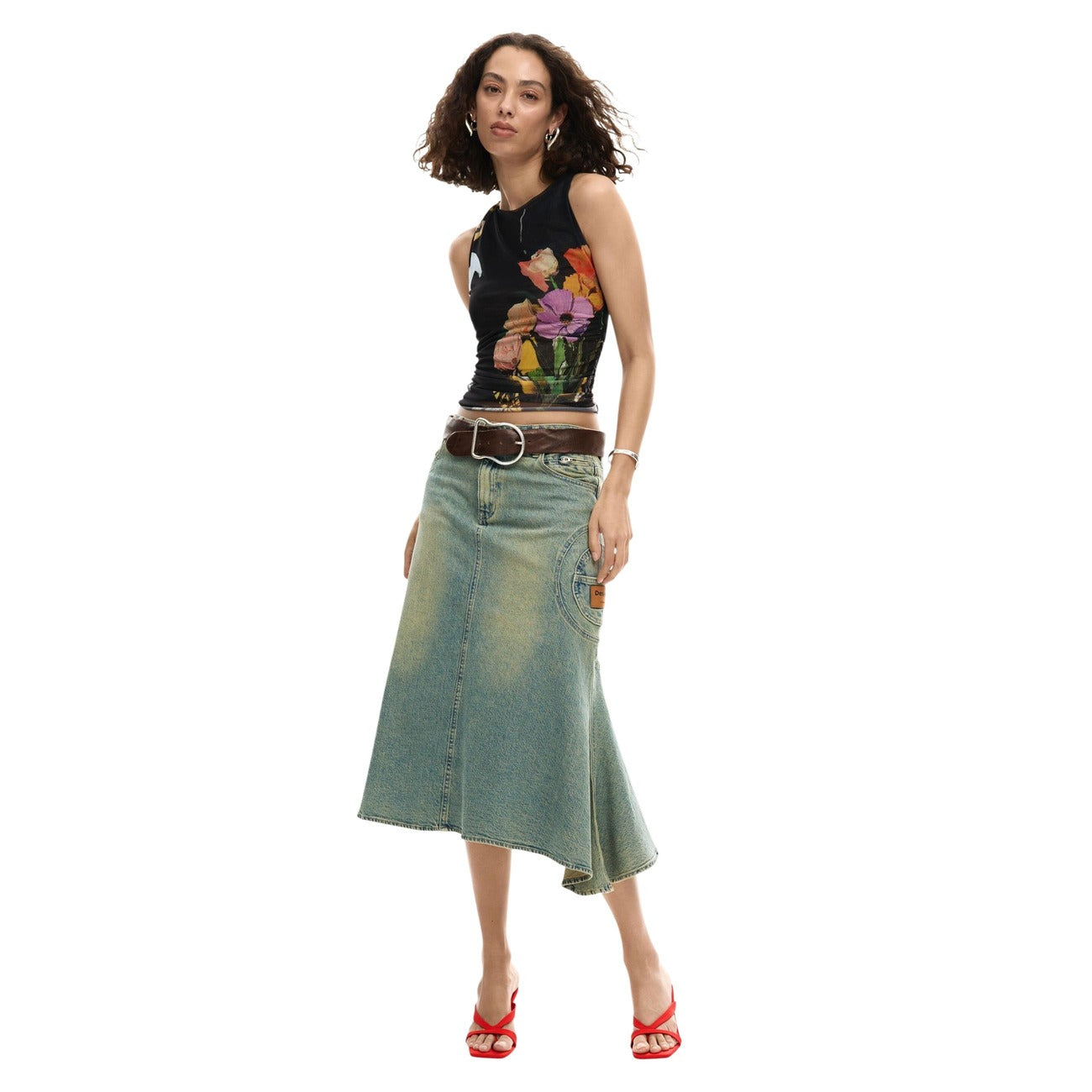 2453075 Desigual Top Donna Nero Floreale Smanicato