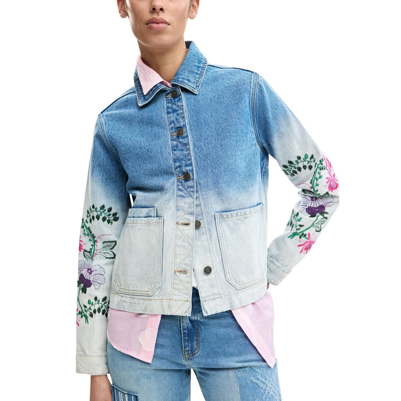 2452932 Desigual Giacca Azzurra Cotone Bottoni Donna