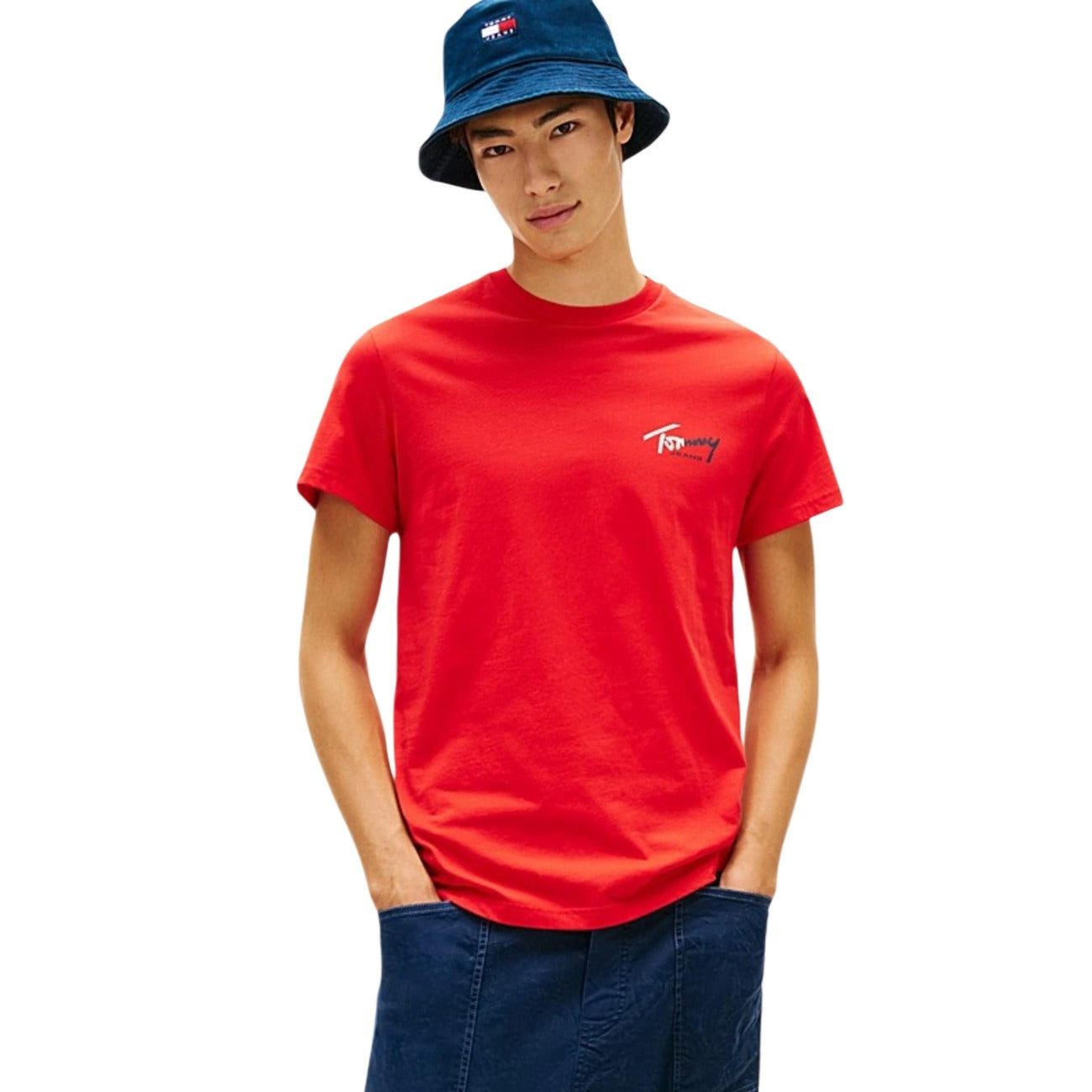 2458451 Tommy Hilfiger Jeans T-Shirt Rossa Cotone Organico Scollo Tondo Uomo