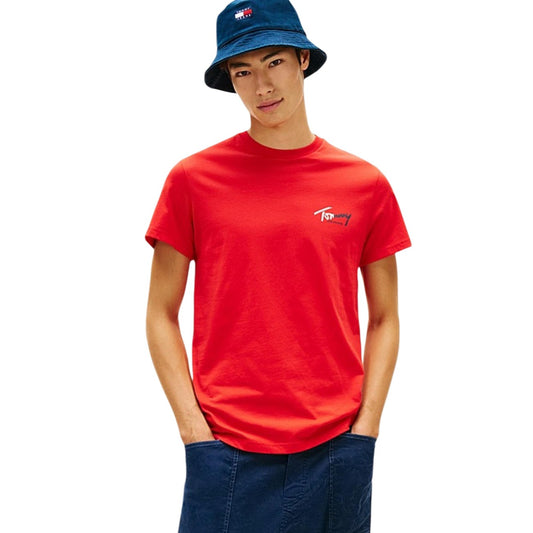 2458451 Tommy Hilfiger Jeans T-Shirt Rossa Cotone Organico Scollo Tondo Uomo