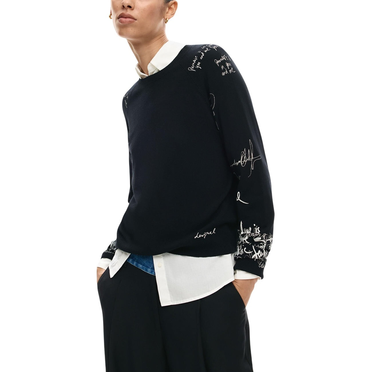 2451021 Desigual Maglia Donna Nera Stampa Viscosa