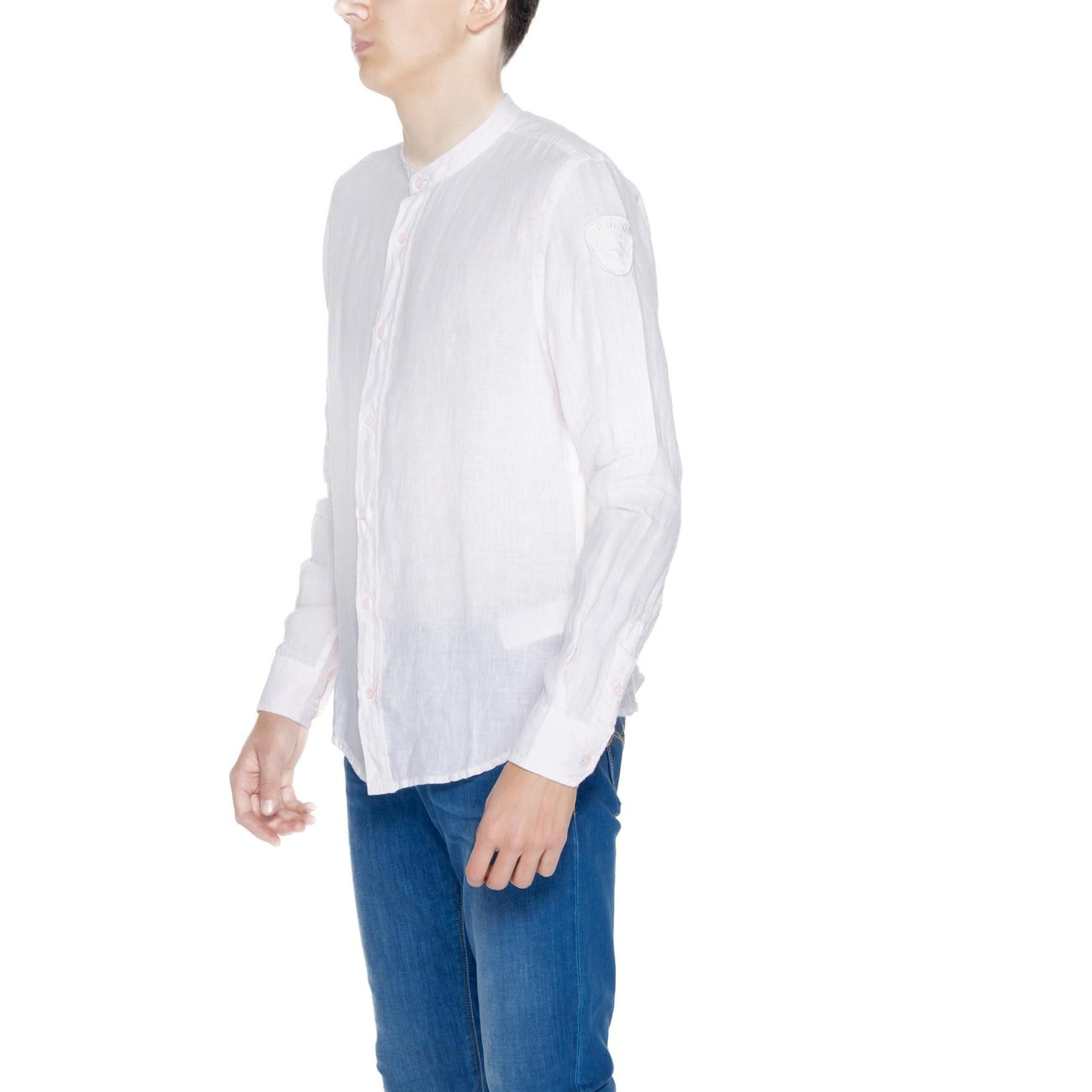 2252150 Blauer Camicia Rosa Lino Colletto Coreano Uomo
