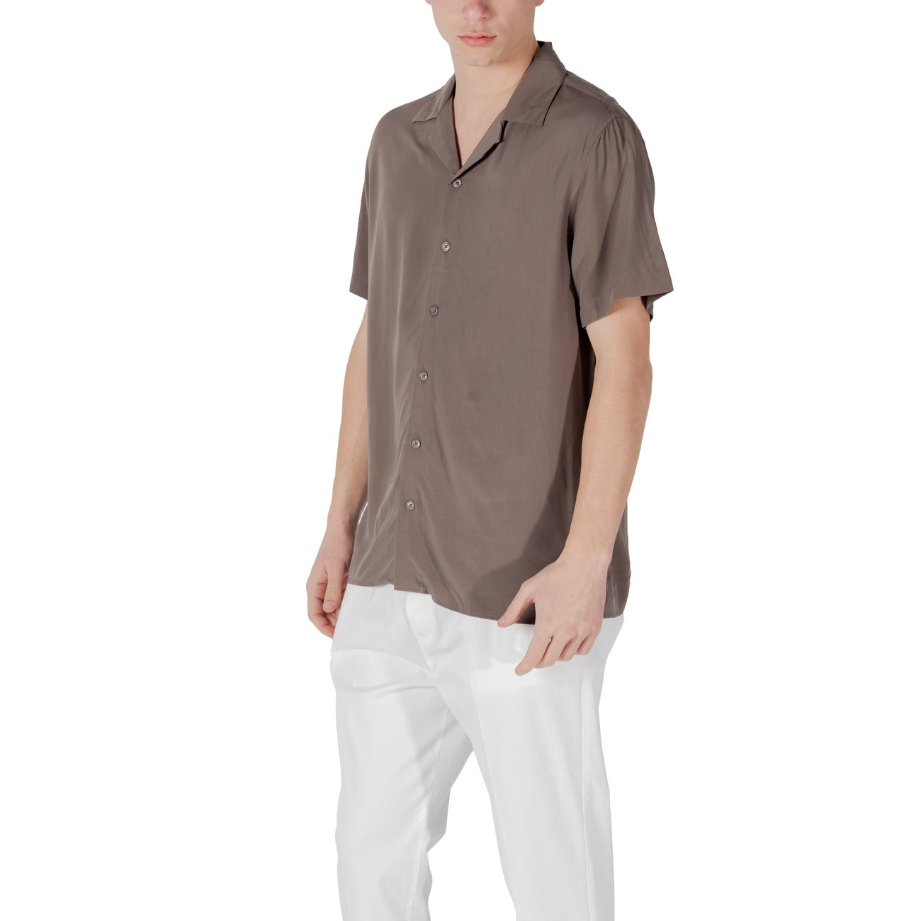 2417737 Gianni Lupo Camicia Marrone Viscosa Maniche Corte Uomo