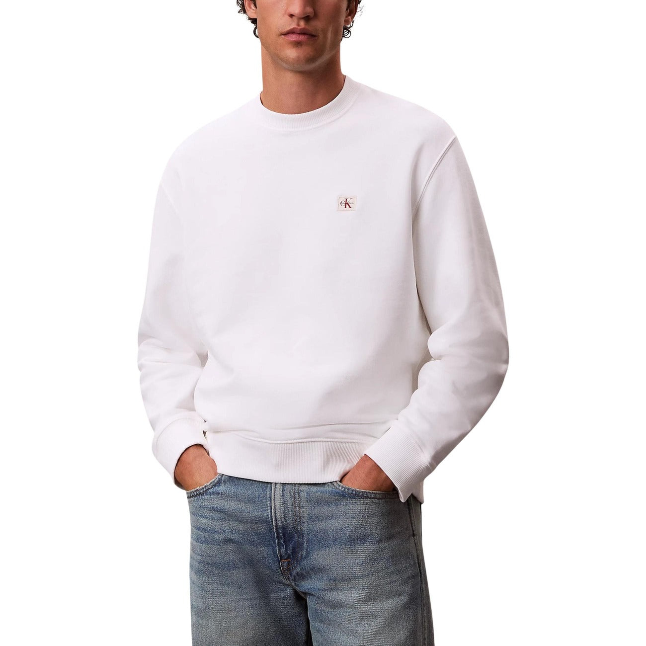 2446230 Calvin Klein Jeans Felpa Bianca Scollo Tondo Uomo