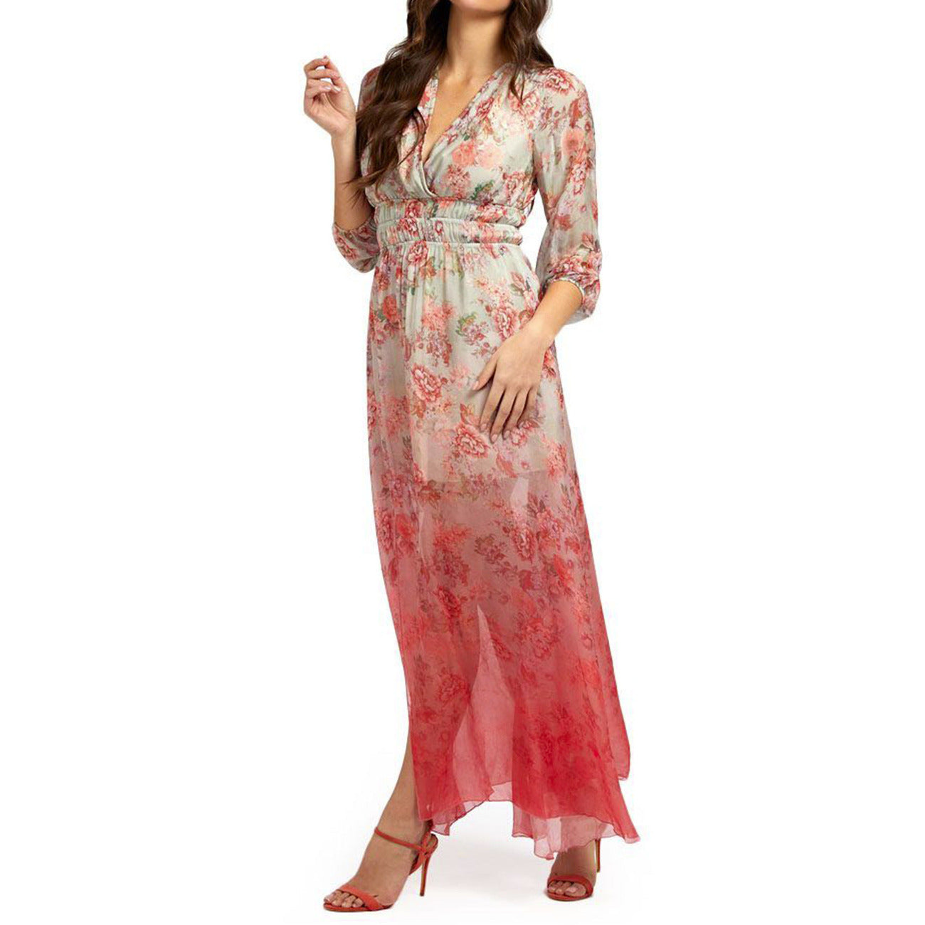 2438454 Guess Abito Rosso Floreale Maniche 3/4 Donna