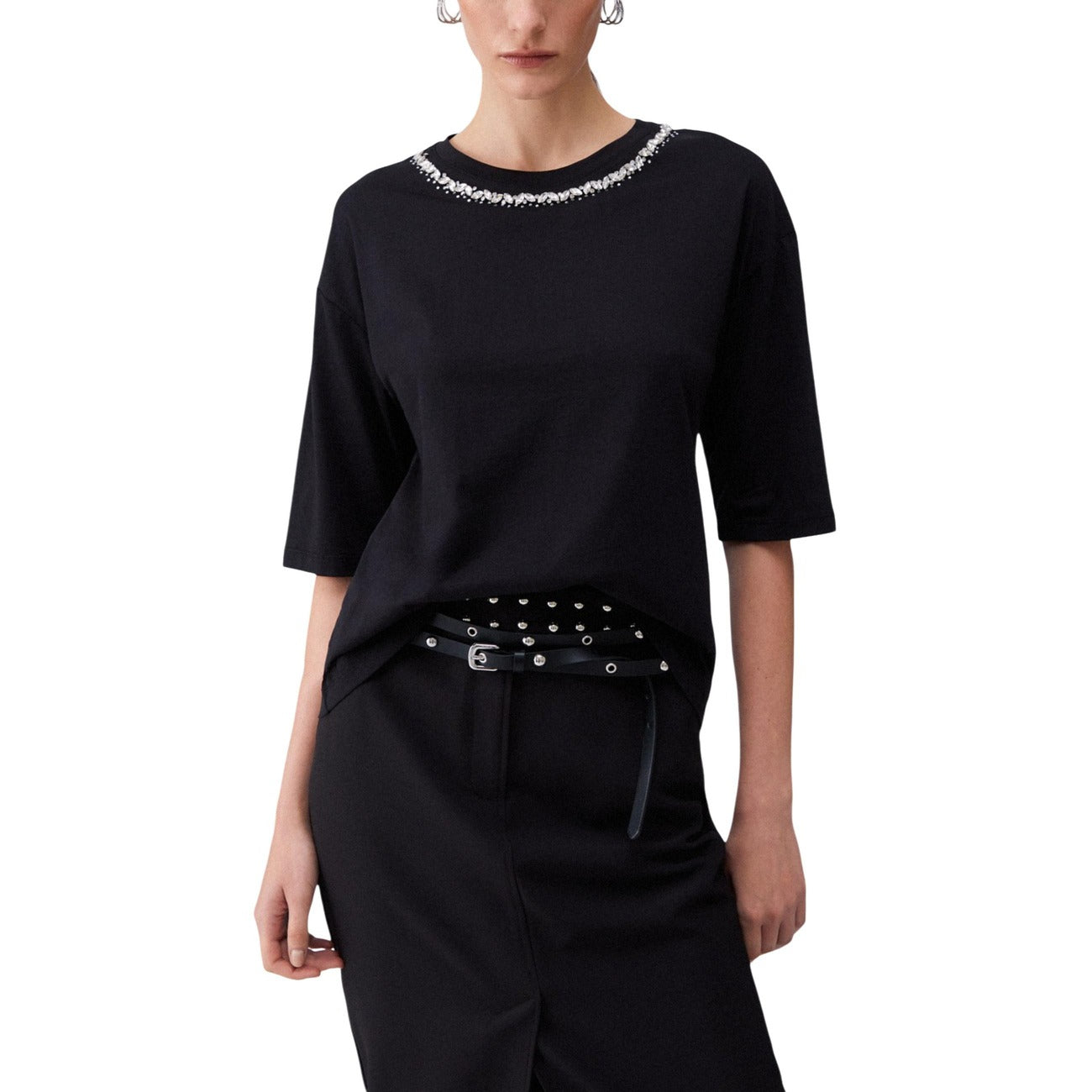 2450722 Liu Jo T-Shirt Donna Nera Cotone Strass