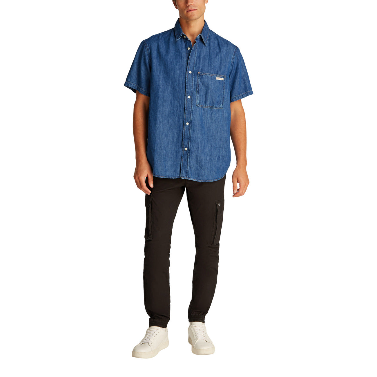 2419845 Calvin Klein Jeans Camicia Azzurra Misto Lino Uomo