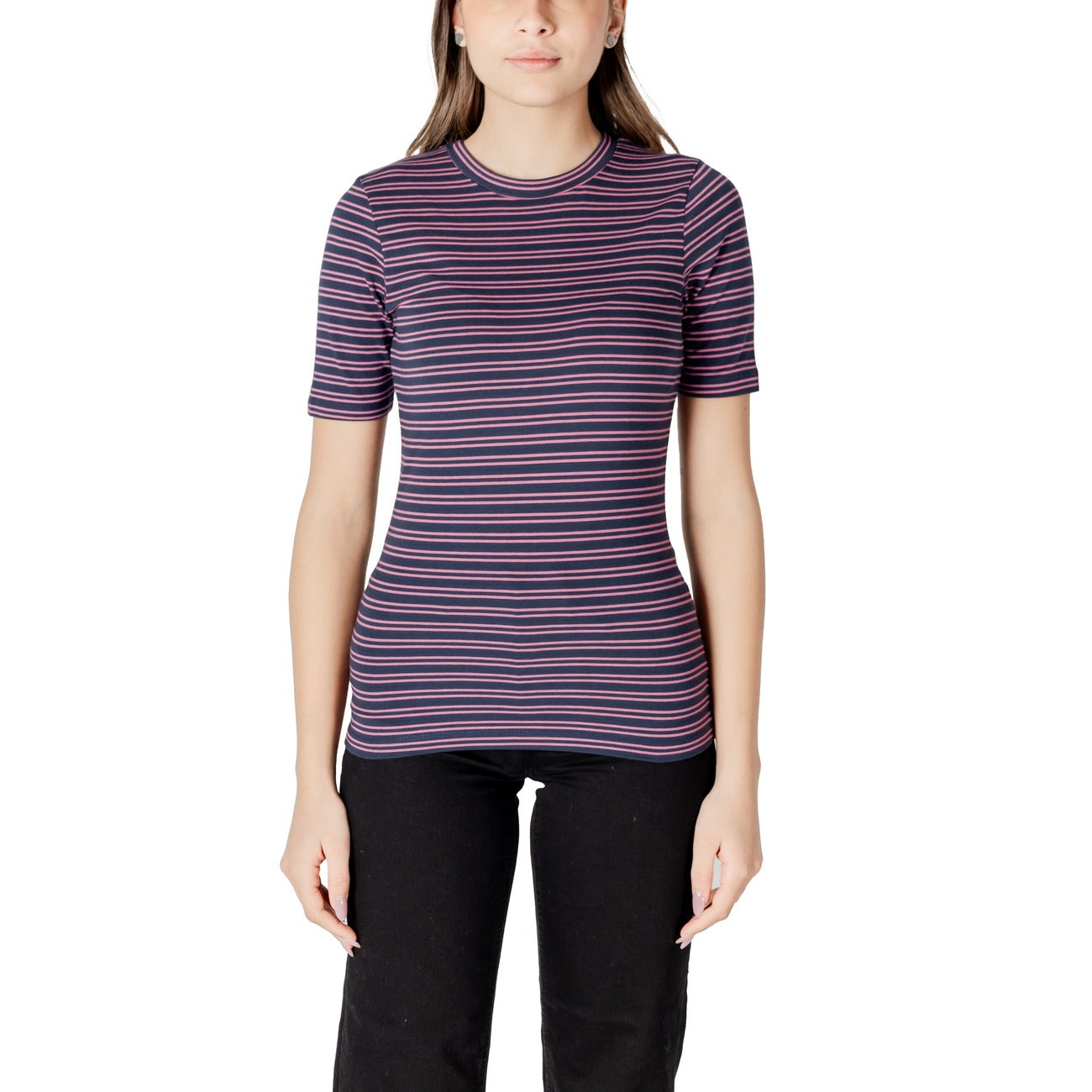 2413469 Ichi T-Shirt Blu Righe Scollo Tondo Donna