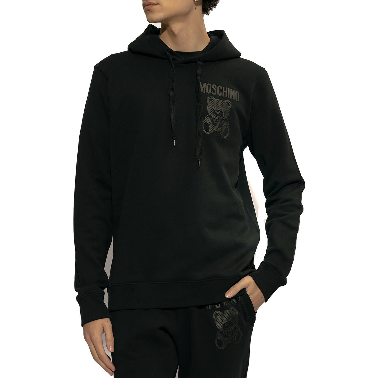 2431094 Moschino Felpa Nera Stampa Cappuccio Uomo