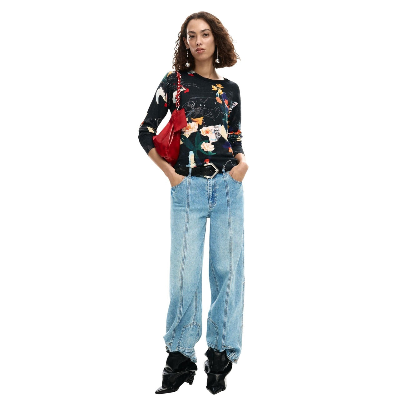 2453555 Desigual Maglia Donna Nera Stampa Viscosa Lino