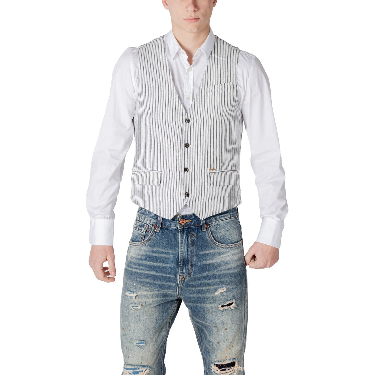 2414198 Gianni Lupo Gilet Nero Gessato Lino Smanicato Uomo