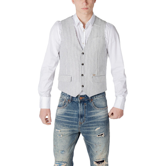 2414198 Gianni Lupo Gilet Nero Gessato Lino Smanicato Uomo