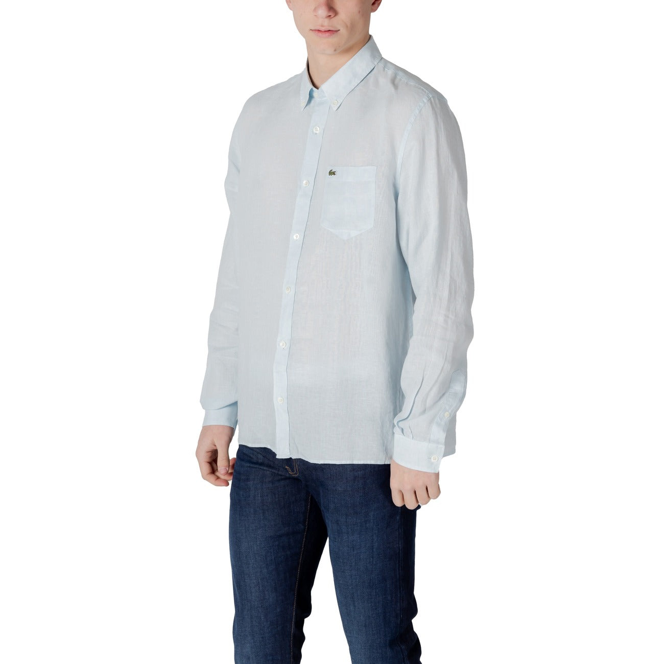 2413007 Lacoste Camicia Azzurra Lino Uomo