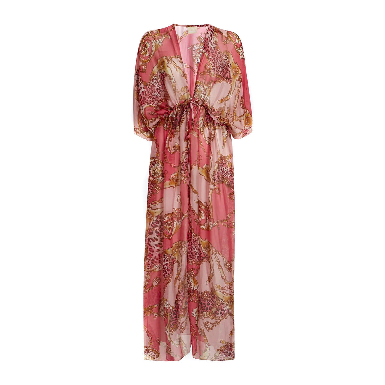 2451144 Guess Abito Lungo Rosa Stampa Scollo V Donna